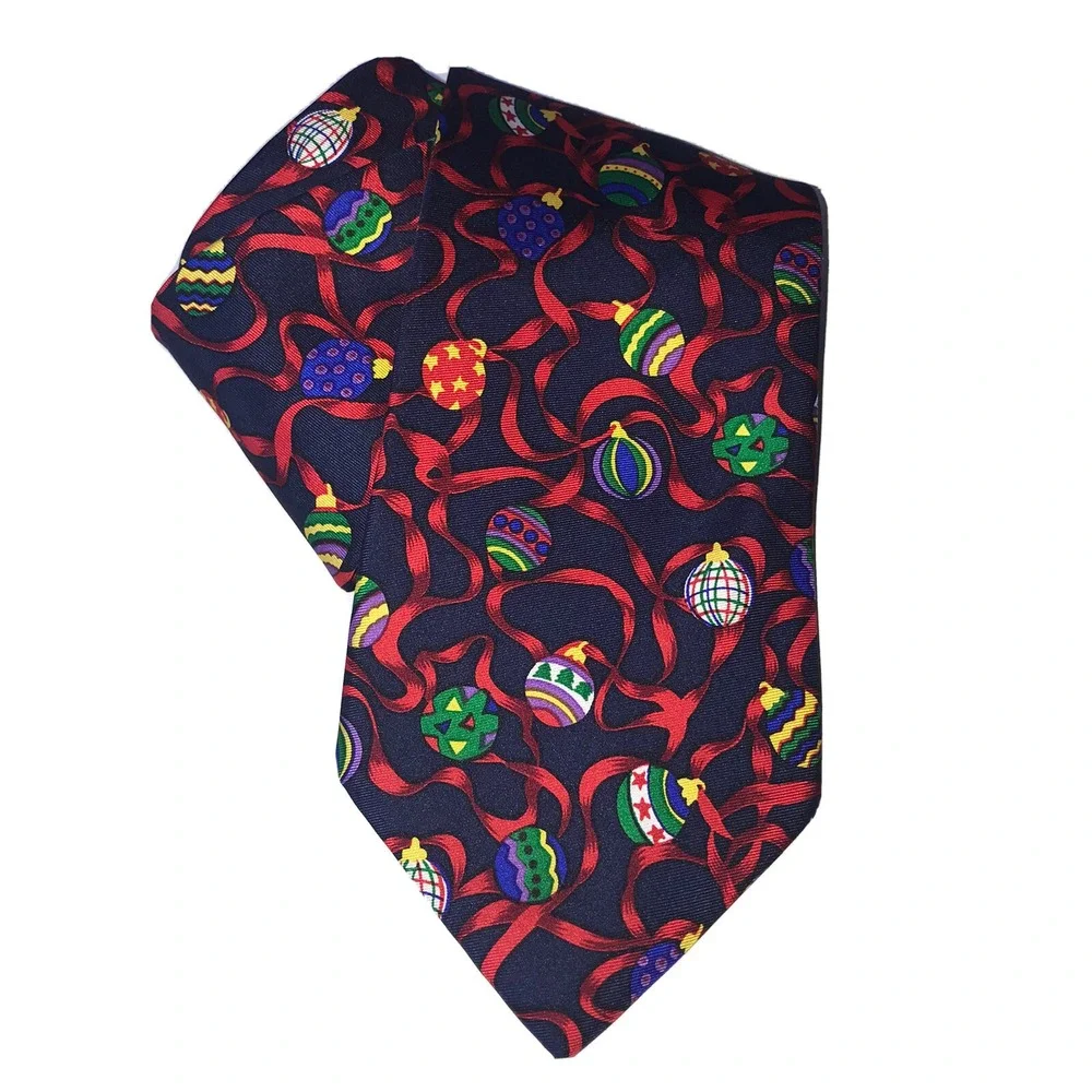 Alynn Neckwear Mens Silk Tie Christmas Ornaments Navy Blue Red Holiday Made‎ USA